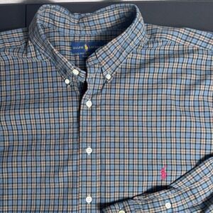Ralph Lauren Mens 2XLT Classic Fit Plaid Button Down Shirt Blue Tan 100% Cotton